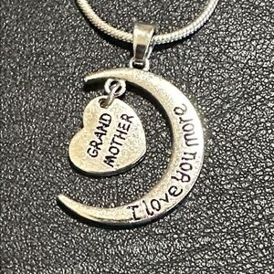 91.  Grand Mother Heart & Moon Pendant Silver Tone Necklace